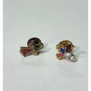 Brooch‎ Pin Gold Tone Angel Set 2 Clear Green Red Rhinestones 3/4" L